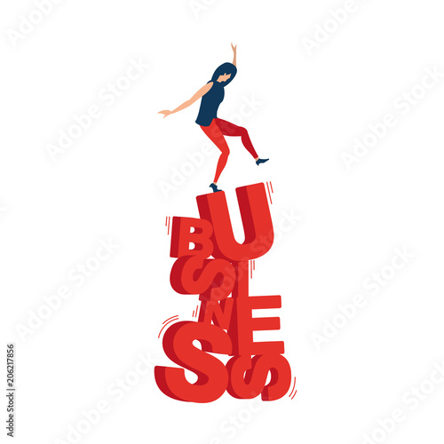 Business balance. The girl balances on the word business. Illustration of the complexity of doing business.