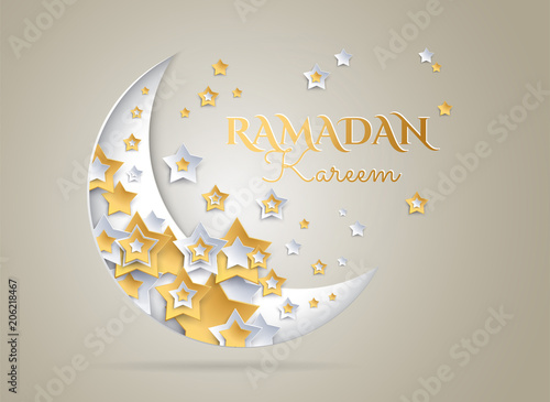 Ramadan Kareem golden background with beautiful moon and stars - vector