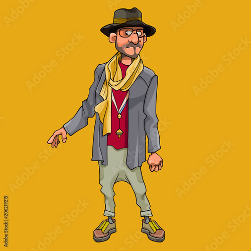 cartoon man hipster in hat and scarf