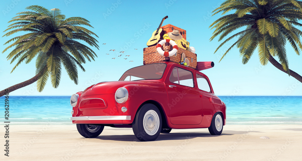 Car with luggage on the roof on the beach ready for summer vacation 3D Rendering