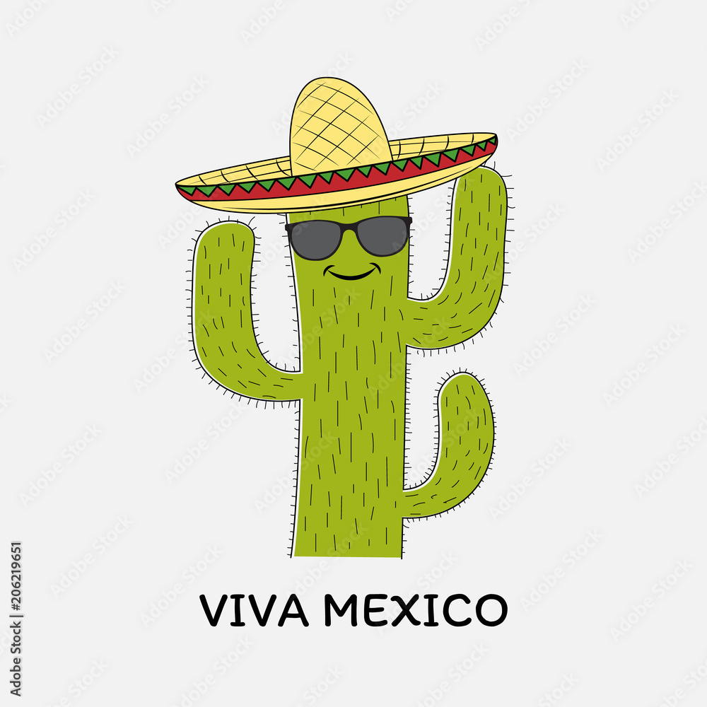 Mexican style green cartoon cactus in sombrero hat Stock Vector | Adobe  Stock