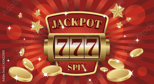 777 jackpot win screen slot mashine. Red and gold background color.