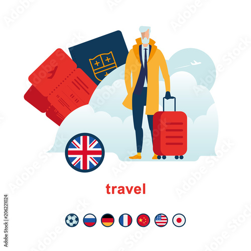 Gourmet traveller. Old man in yellow coat with red bag, plane ticket, passport, flag icons. For illustration of business and other travel. photo