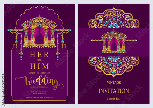 Indian wedding Invitation card templates with gold patterned and crystals on paper color Background.