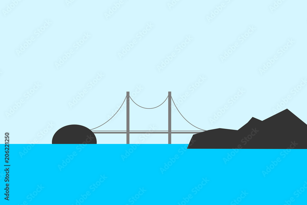 Suspension bridge over the sea is connecting island and land. Minmalism of water, dryland and sky. Vector illustration