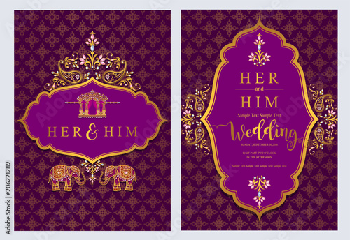 Indian wedding Invitation card templates with gold patterned and crystals on paper color Background.