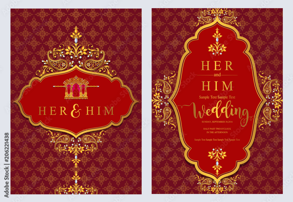 Indian wedding Invitation card templates with gold patterned and crystals  on paper color Background. Stock Vector | Adobe Stock