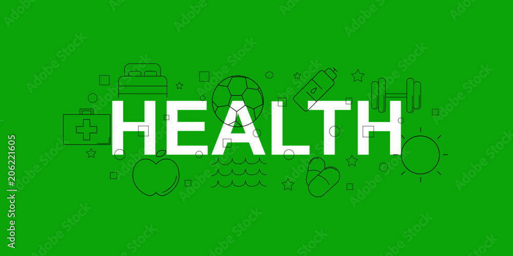 Fototapeta premium Health vector banner. Word with line icon. Vector background