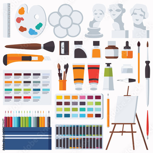 Vector flat set with fine artist stationery. Watercolor, tempera, easel, palette, color pencils, gypsum head and other accessories for art studio and drawing. Collection with artist supplies
