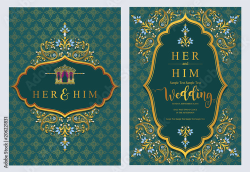 Indian wedding Invitation card templates with gold patterned and crystals on paper color Background.