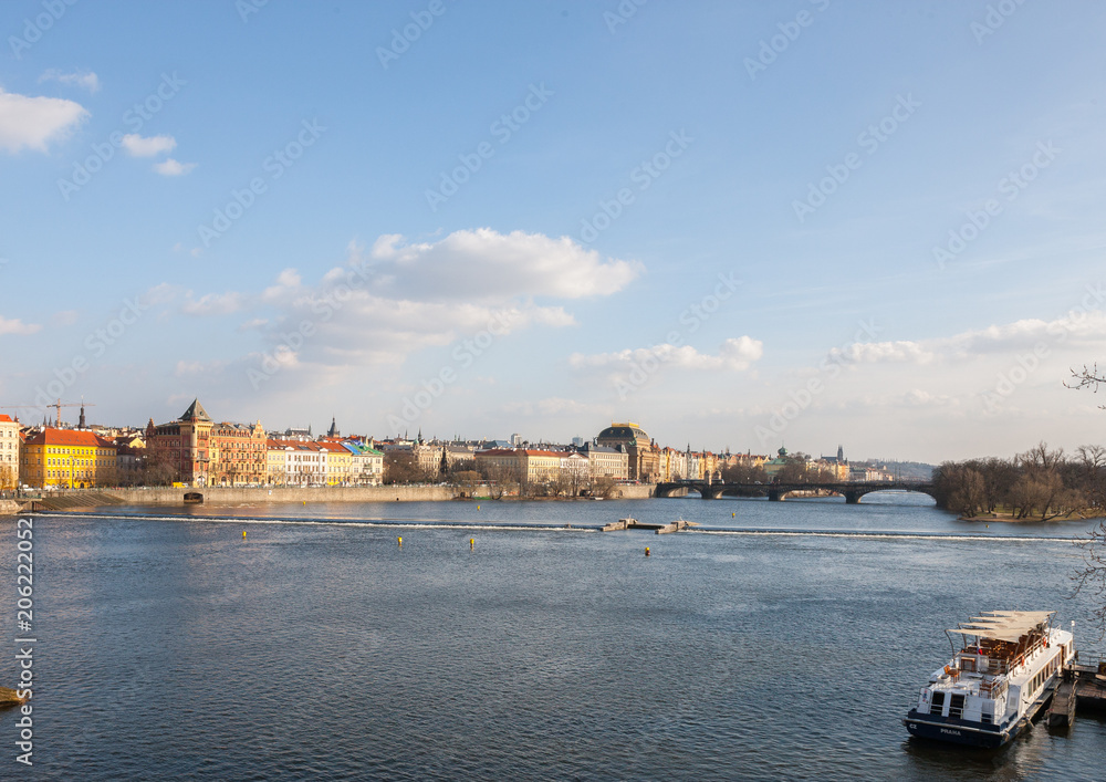 View of the Vltava River from the bridge in the Prague area