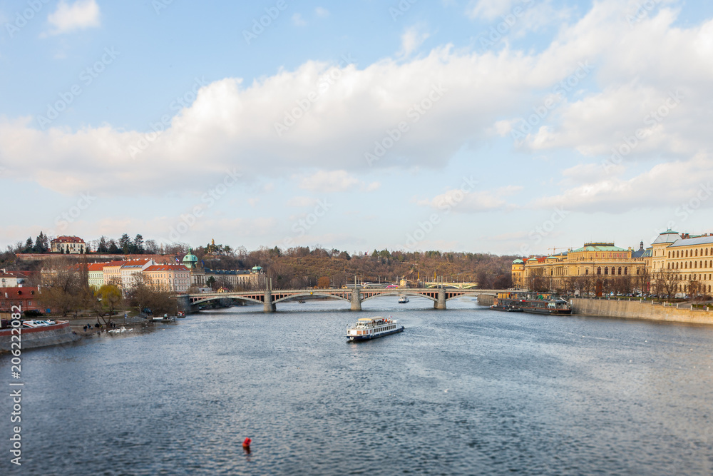 View of the Vltava River from the bridge in the Prague area