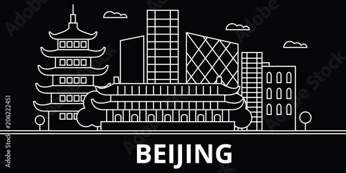 Beijing silhouette skyline. China - Beijing vector city, chinese linear architecture, buildings. Beijing line travel illustration, landmarks. China flat icon, chinese outline design banner