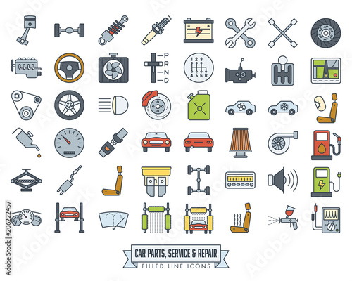 Car parts, service and repair filled line icon set