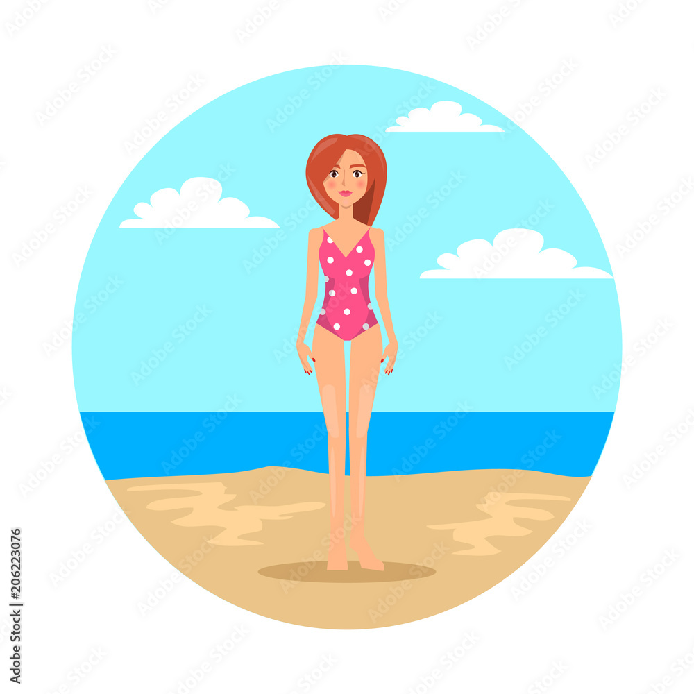 Girl in Swimsuit with Polka Dot Pattern on Beach