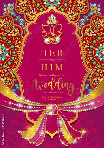 Indian wedding Invitation card templates with gold patterned and crystals on paper color Background.