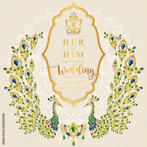 Indian wedding Invitation card templates with gold patterned and crystals on paper color Background.