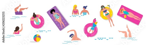 Top view beach background, Pool party, Summer water activities, scene with a lot of tiny people, characters, umbrellas, balls and kids