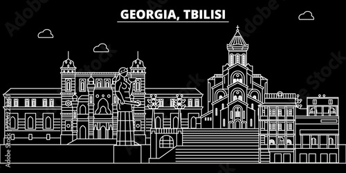 Tbilisi silhouette skyline. Georgia - Tbilisi vector city, georgian linear architecture, buildings. Tbilisi line travel illustration, landmarks. Georgia flat icon, georgian outline design banner