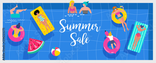 Top view beach background, Pool party, Summer water activities, scene with a lot of tiny people, characters, umbrellas, balls and kids