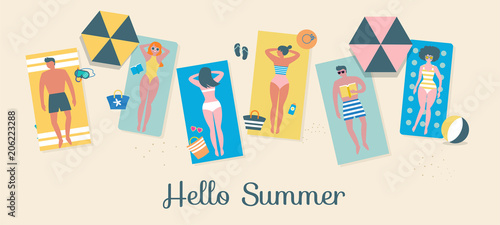 Top view beach background, Pool party, Summer water activities, scene with a lot of tiny people, characters, umbrellas, balls and kids