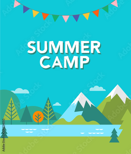 Summer camp, children vacation, traveling and family camping activity. Poster and flyer