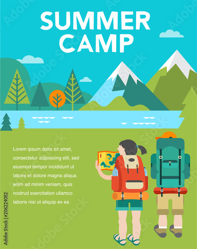 Summer camp, children vacation, traveling and family camping activity. Poster and flyer