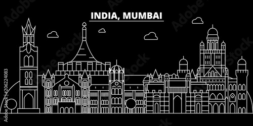 Mumbai silhouette skyline. India - Mumbai vector city, indian linear architecture, buildings. Mumbai line travel illustration, landmarks. India flat icon, indian outline design banner