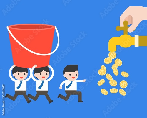 Businessman’s team carry a bucket to money tap, business concept flat design