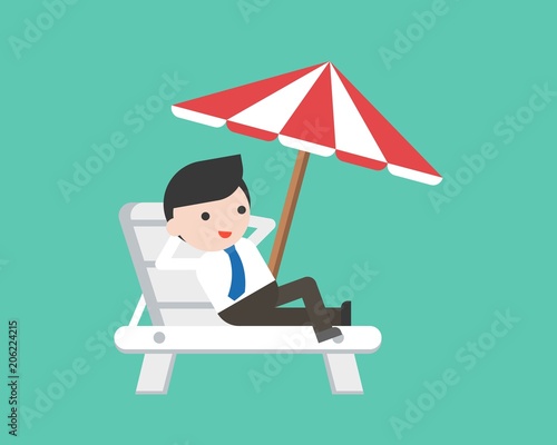 Businessman relaxing on beach chair with umbrella, flat design