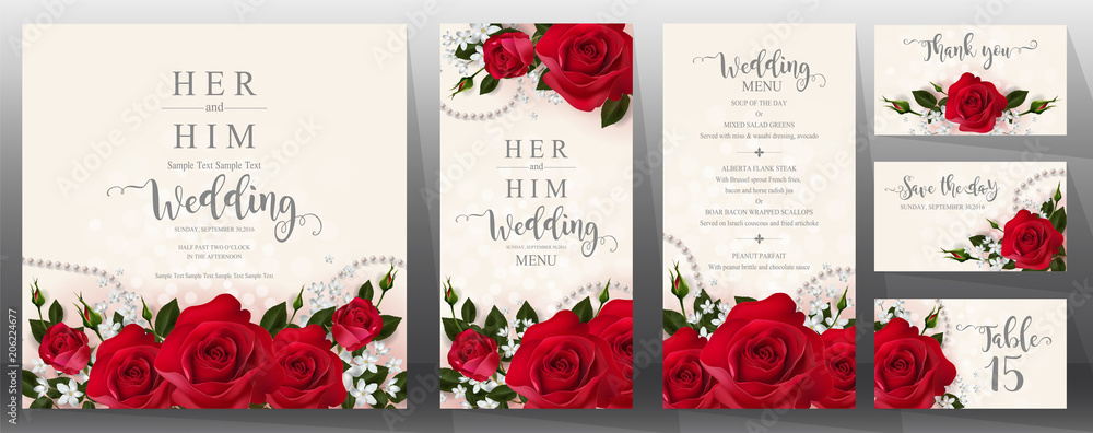 Fototapeta Szablony kart zaproszenia ślubne z realistycznymi piękna czerwona róża i kwiat na kolor tła.
