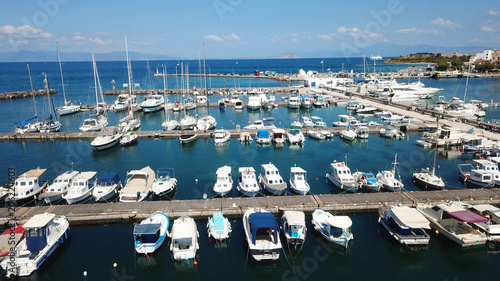 Aerial drone bird's eye view photo of picturesque port of Aigina island, Saronic Gulf, Greece