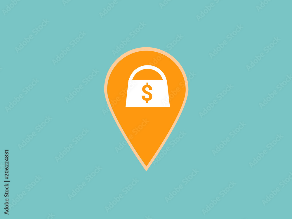 Shopping bag icon on pin map location - vector illustration. Shopping bag icon on pin map location - vector illustration.
