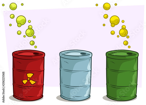 Cartoon coloful barrels with yellow radiation sign