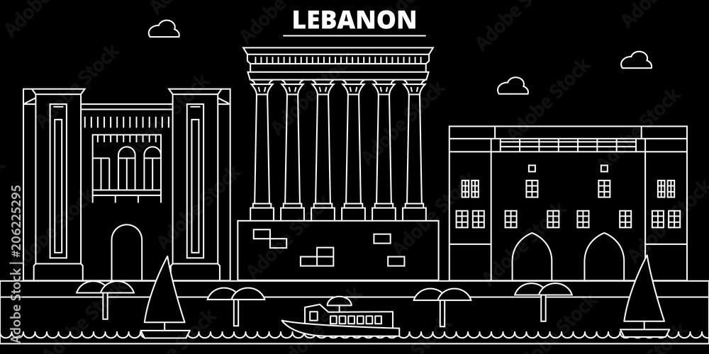 Obraz premium Bejrut sylwetka panoramę. Liban - miasto wektor Bejrut, libańska architektura liniowa, budynki. Ilustracja podróży w Bejrucie, zabytki. Liban płaska ikona, libański zarys projektu transparent