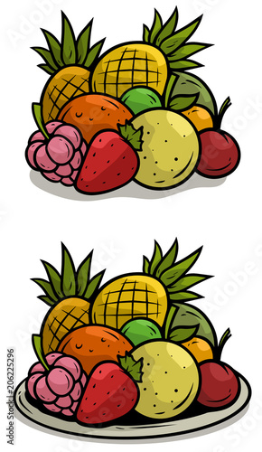 Cartoon colorful fruits on tray vector set
