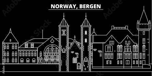 Bergen silhouette skyline. Norway - Bergen vector city, norwegian linear architecture, buildings. Bergen line travel illustration, landmarks. Norway flat icon, norwegian outline design banner