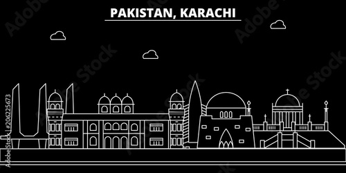 Karachi silhouette skyline. Pakistan - Karachi vector city, pakistani linear architecture, buildings. Karachi line travel illustration, landmarks. Pakistan flat icon, pakistani outline design banner