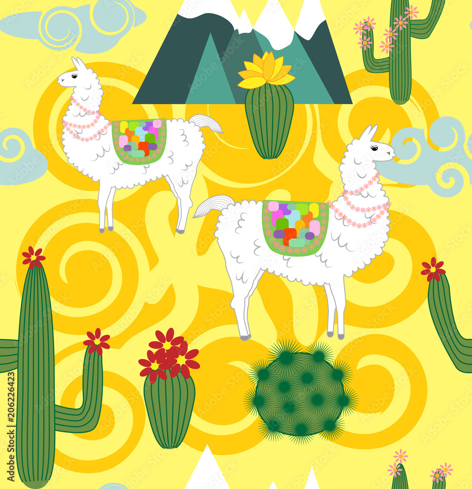 Fototapeta premium Vector Illustration of seamless pattern with cute cartoon llama alpaca with cactus and design elements on pink background in flat cartoon style.