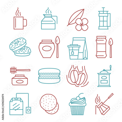 Vector tea and coffee linear icons set illustration