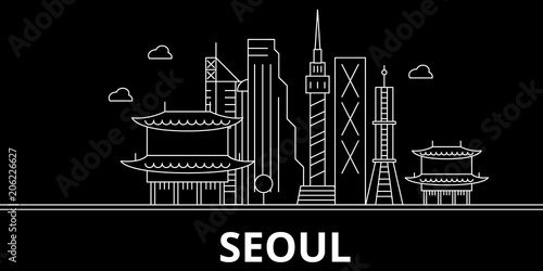 Seoul silhouette skyline. South Korea - Seoul vector city, korean linear architecture, buildings. Seoul line travel illustration, landmarks. South Korea flat icon, korean outline design banner