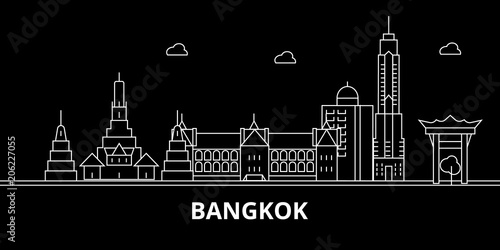 Bangkok silhouette skyline. Thailand - Bangkok vector city, thai linear architecture, buildings. Bangkok line travel illustration, landmarks. Thailand flat icon, thai outline design banner
