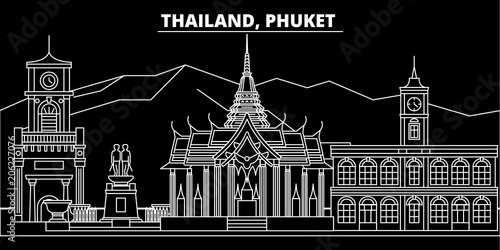 Phuket silhouette skyline. Thailand - Phuket vector city, thai linear architecture, buildings. Phuket line travel illustration, landmarks. Thailand flat icon, thai outline design banner