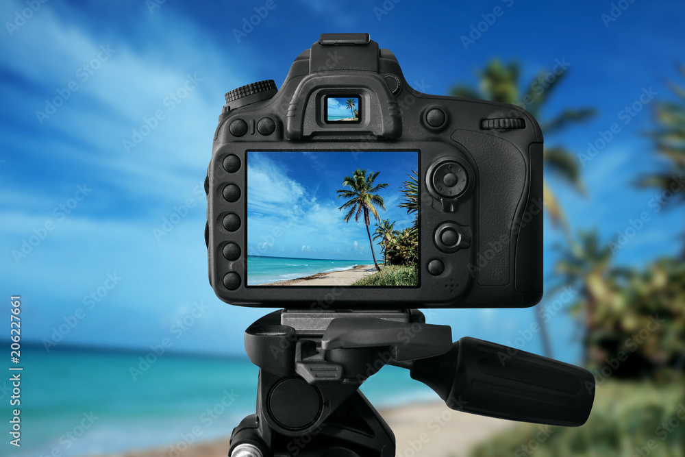 The camera on a tripod is taking a picture of the sea and beach with palm trees