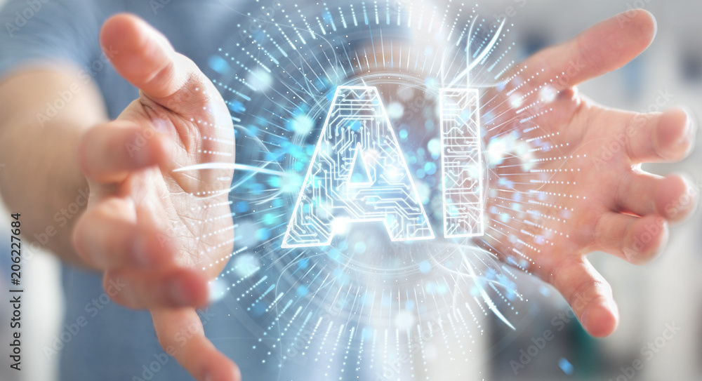 Businessman using digital artificial intelligence icon hologram 3D rendering Businessman using digital artificial intelligence icon hologram 3D rendering