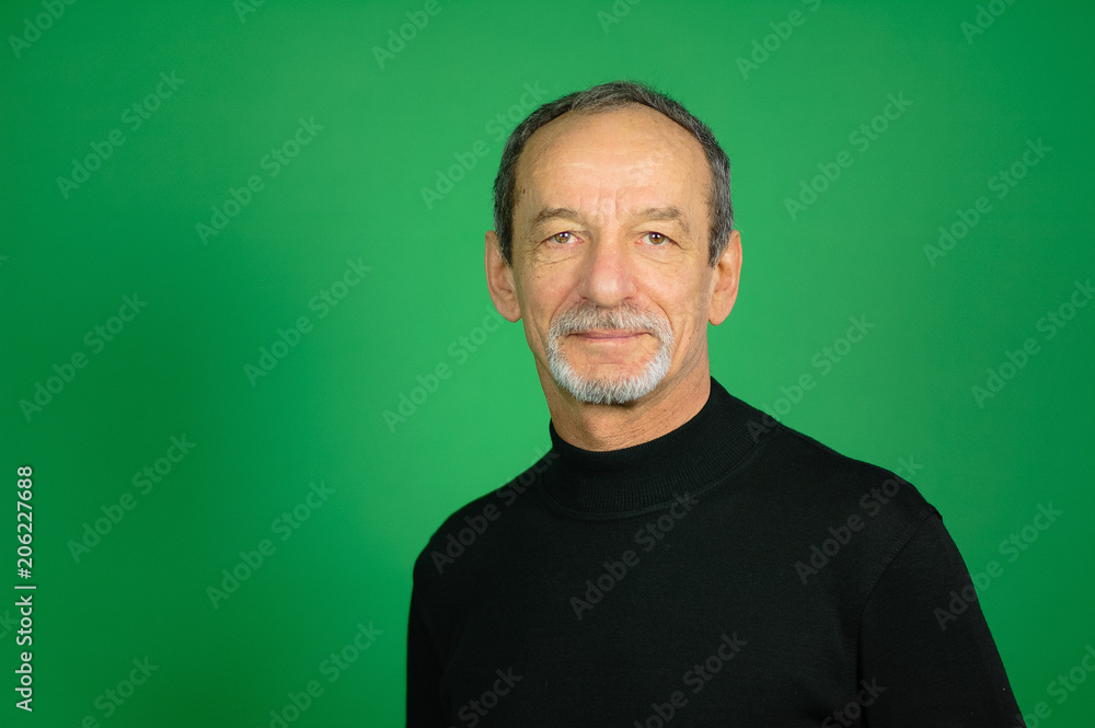 Studio Shot of Male Face of Senior Man with Well-trimmed Beard and Gray Hair on a Green Background Studio Shot of Male Face of Senior Man with Well-trimmed Beard and Gray Hair on a Green Background