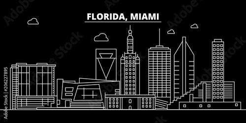 Miami silhouette skyline. USA - Miami vector city, american linear architecture, buildings. Miami line travel illustration, landmarks. USA flat icons, american outline design banner