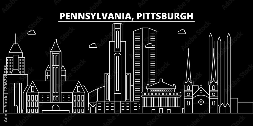 Plakat Pittsburgh sylwetka panoramę. USA - miasto wektor Pittsburgh, amerykańska architektura liniowa, budynki. Ilustracja podróży linii Pittsburgh, zabytki. USA płaskie ikony, amerykański kontur projekt transparentu