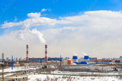 pollution, moscow, industrial, russia, plant, power, industry, ecology, blue, air, factory, chimney, sky, building, city, environment, energy, urban, tower, smoke, cityscape, panorama, station, chemic