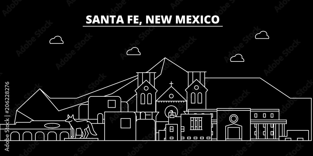 Naklejka premium Sylwetka panoramę Santa Fe. USA - miasto wektorowe Santa Fe, amerykańska architektura liniowa, budynki. Ilustracja podróży linii Santa Fe, zabytki. Płaskie ikony USA, amerykański projekt konspektu banner